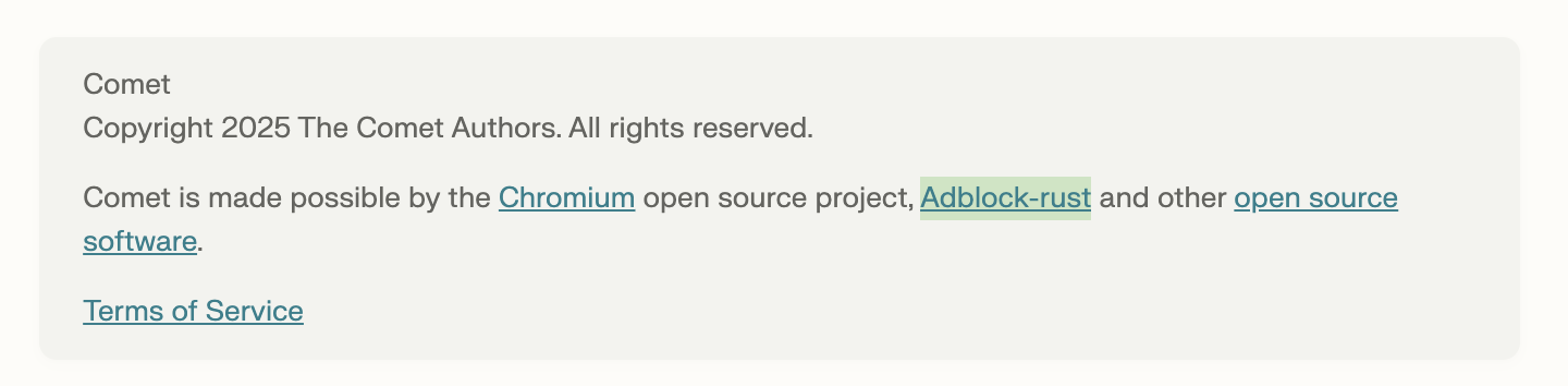 Screenshot of Comet's about page showing credits to adblock-rust