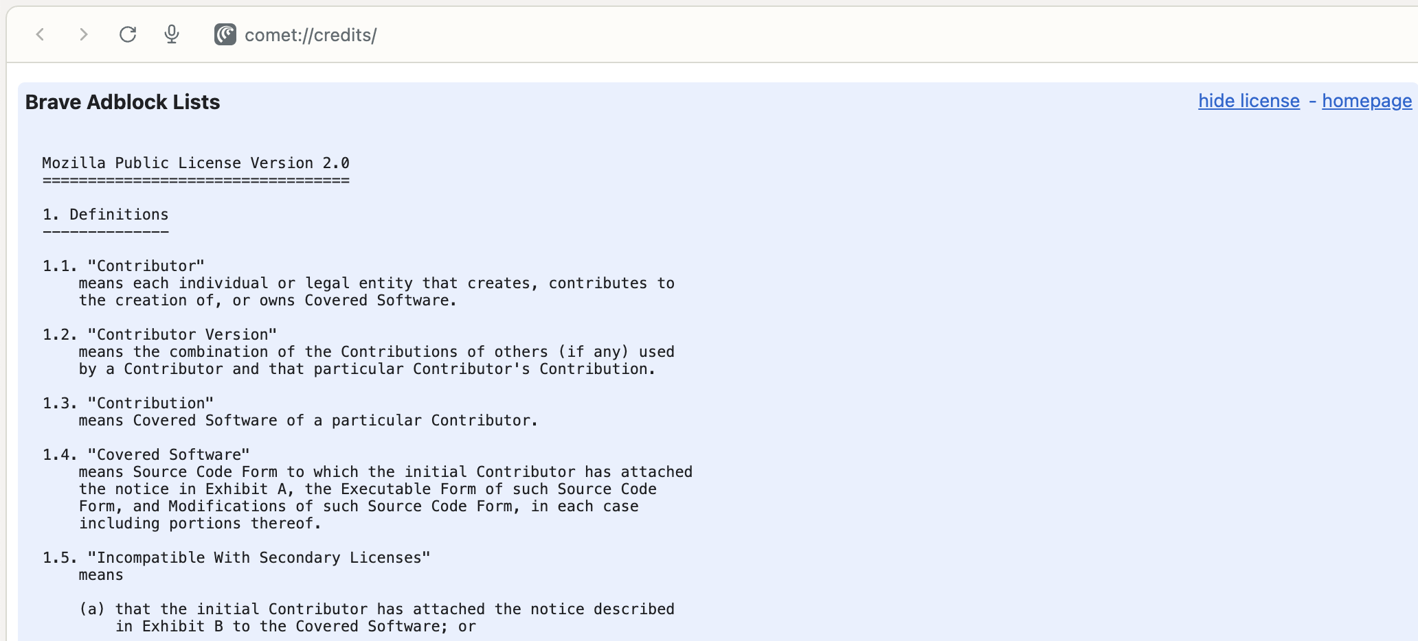 Screenshot of Comet's credit page showing Brave's list