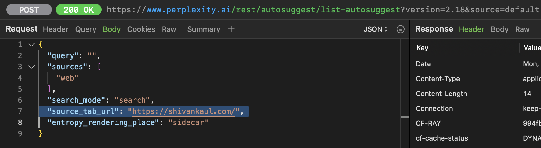 Screenshot of Proxyman showing leaked URL