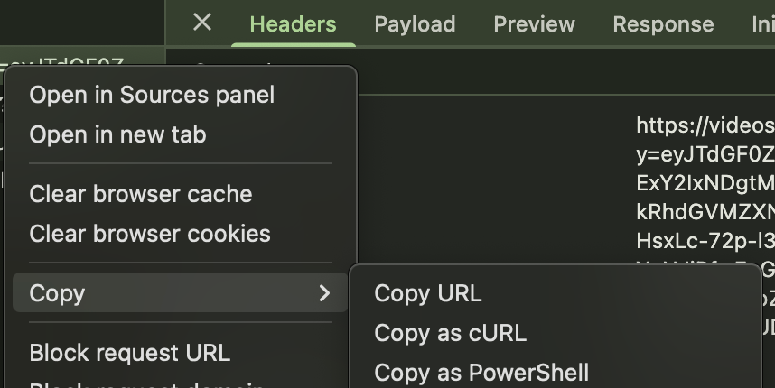 Screenshot of DevTools "copy as cURL"