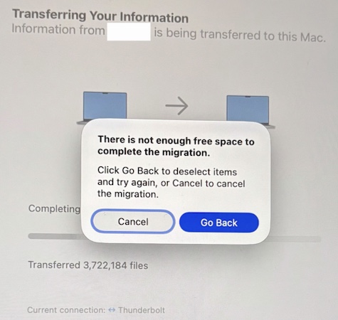 Migration Assistant dialog reading "There is not enough free space to complete the migration."